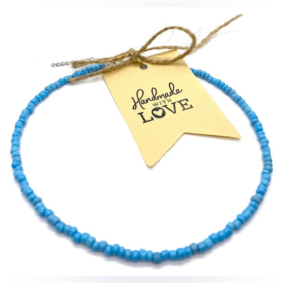 Solid Blue Beaded Choker Necklace Boho Classic Southwestern Coastal Preppy - Picture 5 of 6